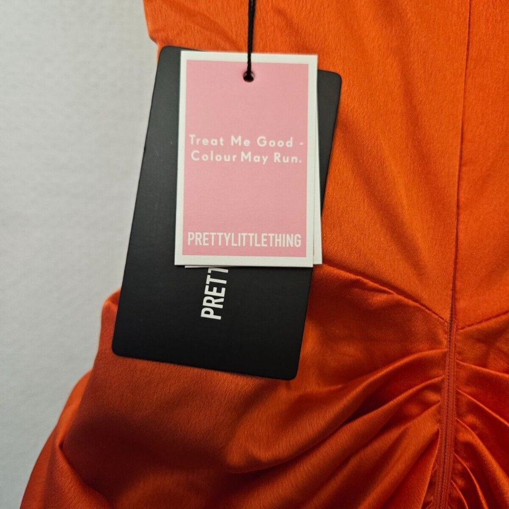 Pretty Little Thing corset dress size 8 bright orange satin ruched skirt New - Picture 10 of 12